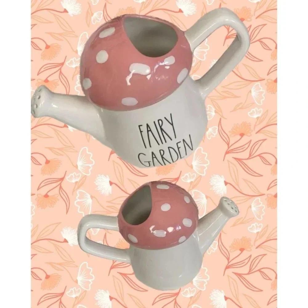 Rae Dunn Small Blush-Cream White Fairy Garden Text Mushroom Top Watering Can
